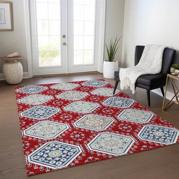 8' X 10' Red And Navy Blue Floral Washable Indoor Outdoor Area Rug
