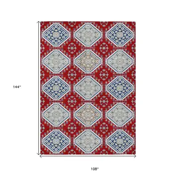 9' X 12' Red And Navy Blue Floral Washable Indoor Outdoor Area Rug