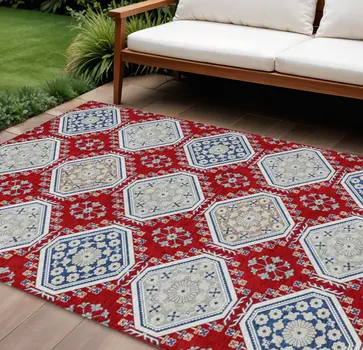 9' X 12' Red And Navy Blue Floral Washable Indoor Outdoor Area Rug