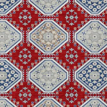 9' X 12' Red And Navy Blue Floral Washable Indoor Outdoor Area Rug