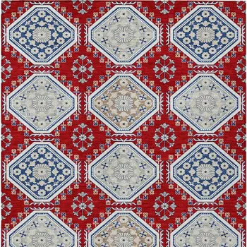 9' X 12' Red And Navy Blue Floral Washable Indoor Outdoor Area Rug
