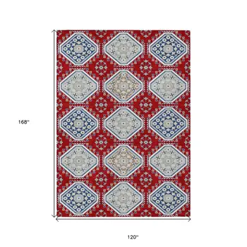 10' X 14' Red And Navy Blue Floral Washable Indoor Outdoor Area Rug