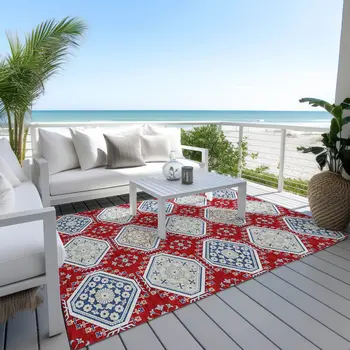 10' X 14' Red And Navy Blue Floral Washable Indoor Outdoor Area Rug