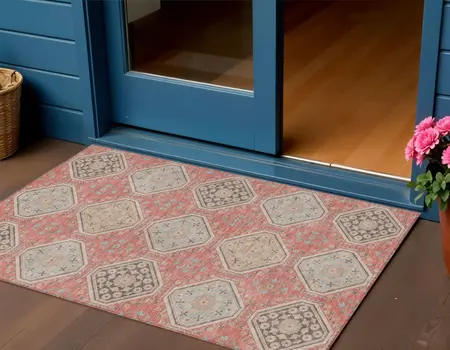 3' X 5' Salmon And Beige Floral Washable Indoor Outdoor Area Rug