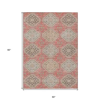 5' X 8' Salmon And Beige Floral Washable Indoor Outdoor Area Rug