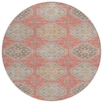 8' Salmon And Beige Round Floral Washable Indoor Outdoor Area Rug