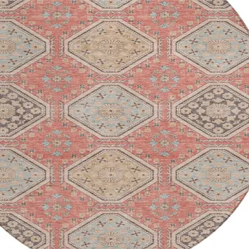 8' Salmon And Beige Round Floral Washable Indoor Outdoor Area Rug