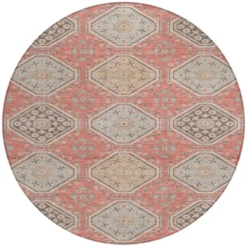 8' Salmon And Beige Round Floral Washable Indoor Outdoor Area Rug