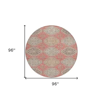 8' Salmon And Beige Round Floral Washable Indoor Outdoor Area Rug