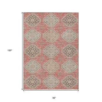 8' X 10' Salmon And Beige Floral Washable Indoor Outdoor Area Rug