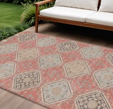 8' X 10' Salmon And Beige Floral Washable Indoor Outdoor Area Rug