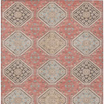 9' X 12' Salmon And Beige Floral Washable Indoor Outdoor Area Rug