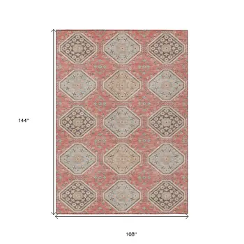 9' X 12' Salmon And Beige Floral Washable Indoor Outdoor Area Rug