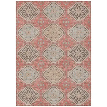 9' X 12' Salmon And Beige Floral Washable Indoor Outdoor Area Rug