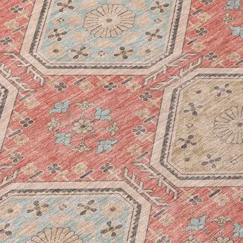 9' X 12' Salmon And Beige Floral Washable Indoor Outdoor Area Rug