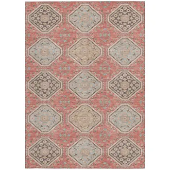 10' X 14' Salmon And Beige Floral Washable Indoor Outdoor Area Rug