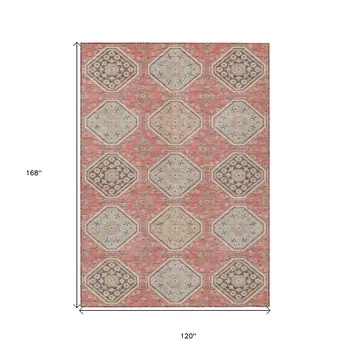10' X 14' Salmon And Beige Floral Washable Indoor Outdoor Area Rug