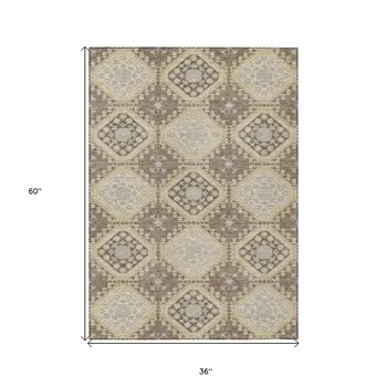 3' X 5' Taupe And Beige Floral Washable Indoor Outdoor Area Rug