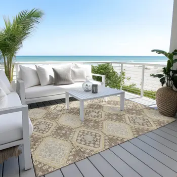 3' X 5' Taupe And Beige Floral Washable Indoor Outdoor Area Rug