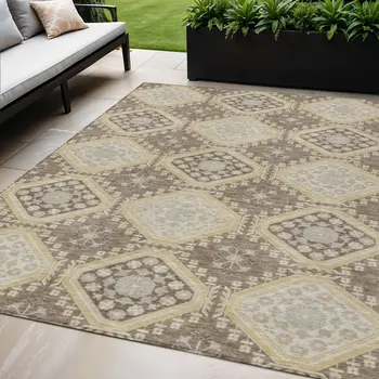 5' X 8' Taupe And Beige Floral Washable Indoor Outdoor Area Rug