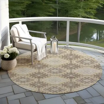 8' Taupe And Beige Round Floral Washable Indoor Outdoor Area Rug