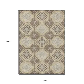 9' X 12' Taupe And Beige Floral Washable Indoor Outdoor Area Rug