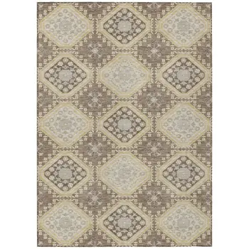 9' X 12' Taupe And Beige Floral Washable Indoor Outdoor Area Rug