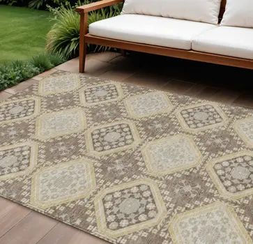 10' X 14' Taupe And Beige Floral Washable Indoor Outdoor Area Rug