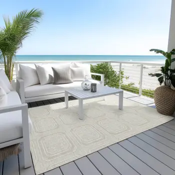 3' X 5' Beige And Ivory Geometric Washable Indoor Outdoor Area Rug