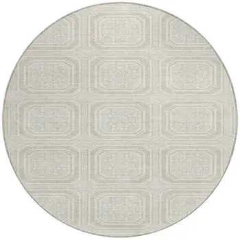 8' Beige And Ivory Round Geometric Washable Indoor Outdoor Area Rug