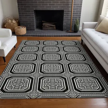 3' X 5' Black And Ivory Geometric Washable Indoor Outdoor Area Rug