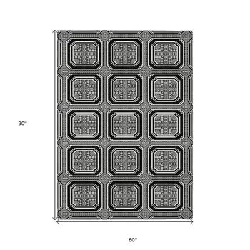 5' X 8' Black And Ivory Geometric Washable Indoor Outdoor Area Rug