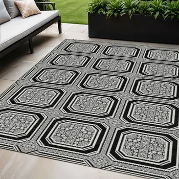 5' X 8' Black And Ivory Geometric Washable Indoor Outdoor Area Rug