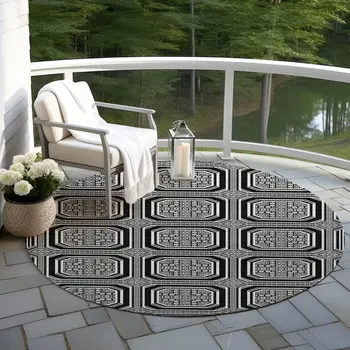 8' Black And Ivory Round Geometric Washable Indoor Outdoor Area Rug