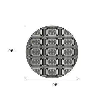8' Black And Ivory Round Geometric Washable Indoor Outdoor Area Rug