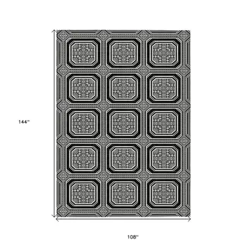9' X 12' Black And Ivory Geometric Washable Indoor Outdoor Area Rug