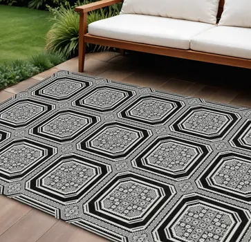 9' X 12' Black And Ivory Geometric Washable Indoor Outdoor Area Rug
