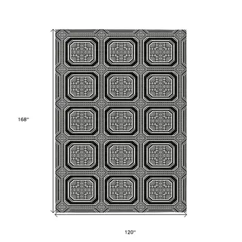 10' X 14' Black And Ivory Geometric Washable Indoor Outdoor Area Rug