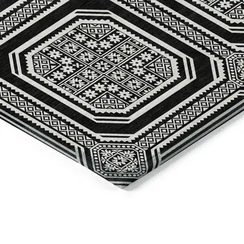 10' X 14' Black And Ivory Geometric Washable Indoor Outdoor Area Rug