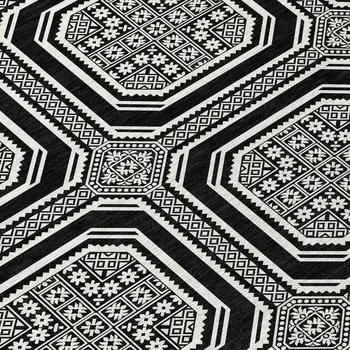 10' X 14' Black And Ivory Geometric Washable Indoor Outdoor Area Rug