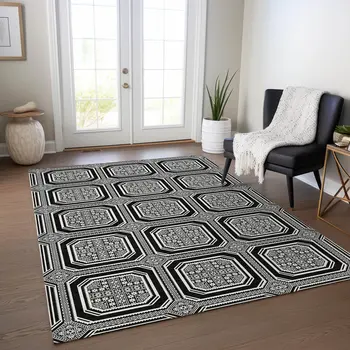 10' X 14' Black And Ivory Geometric Washable Indoor Outdoor Area Rug