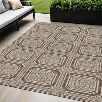 5' X 8' Brown And Beige Geometric Washable Indoor Outdoor Area Rug