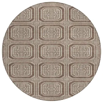 8' Brown And Beige Round Geometric Washable Indoor Outdoor Area Rug