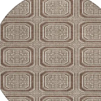 8' Brown And Beige Round Geometric Washable Indoor Outdoor Area Rug