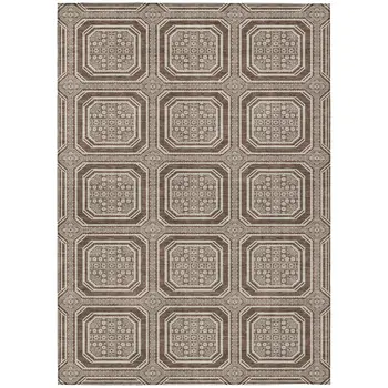 9' X 12' Brown And Beige Geometric Washable Indoor Outdoor Area Rug