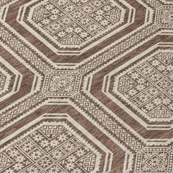 9' X 12' Brown And Beige Geometric Washable Indoor Outdoor Area Rug