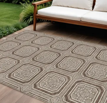 10' X 14' Brown And Beige Geometric Washable Indoor Outdoor Area Rug