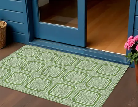 3' X 5' Green And Ivory Geometric Washable Indoor Outdoor Area Rug
