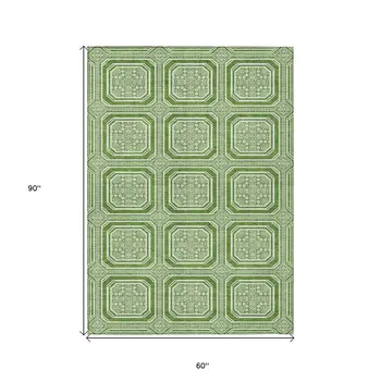 5' X 8' Green And Ivory Geometric Washable Indoor Outdoor Area Rug