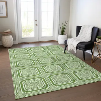 5' X 8' Green And Ivory Geometric Washable Indoor Outdoor Area Rug